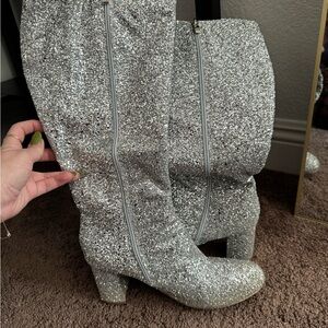 Silver Glitter Knee-High Zip Boots